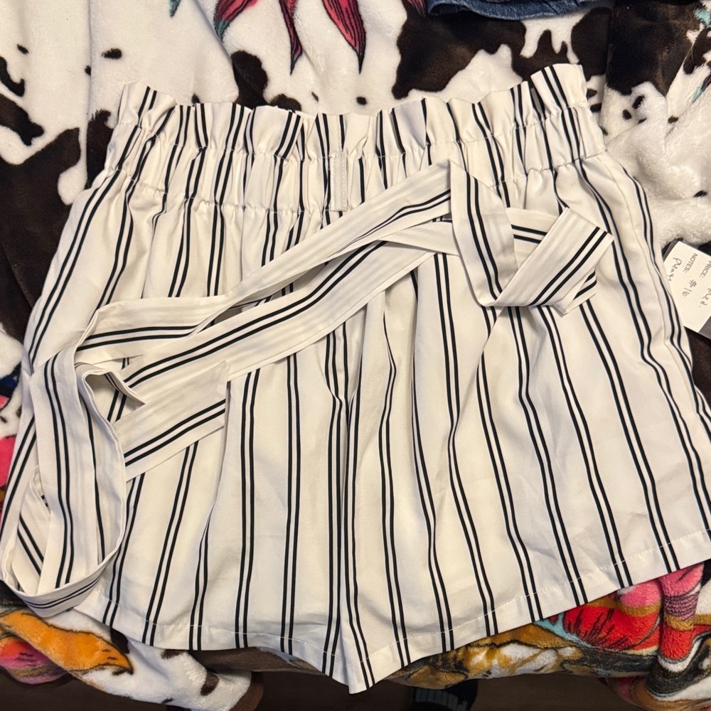 Striped White and Black Shorts with Tie Waist